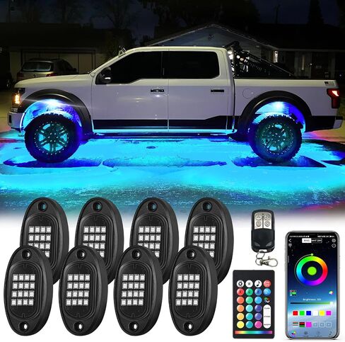 8Pods RGB LED أضواء الصخور مع APP / RF التحكم عن بعد، أضواء تحت الوهج متعدد المناطق أضواء النيون الخارجية متعدد الألوان 12 فولت مقاوم للماء لملحقات الشاحنات Jeep UTV SUV ATV عربة الغولف الطرق الوعرة in Kuwait