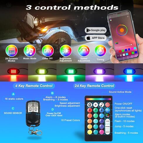 8Pods RGB LED أضواء الصخور مع APP / RF التحكم عن بعد، أضواء تحت الوهج متعدد المناطق أضواء النيون الخارجية متعدد الألوان 12 فولت مقاوم للماء لملحقات الشاحنات Jeep UTV SUV ATV عربة الغولف الطرق الوعرة in Kuwait