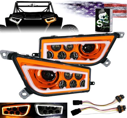 SLK-Lights PREMIUM RED Razor RZR LED Headlight Halo Turn Signal Kit Street Legal (يناسب: 2015-2021) (أحمر مزدوج اللون SwitchBack Halo أبيض / كهرمان) in Kuwait