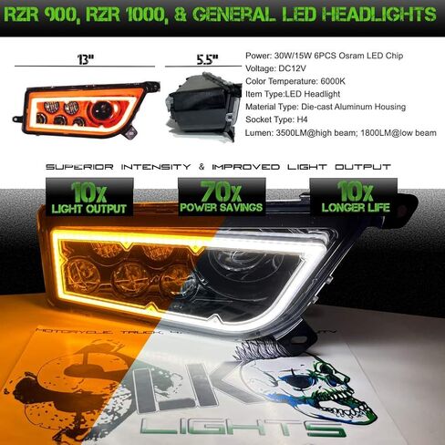 SLK-Lights PREMIUM RED Razor RZR LED Headlight Halo Turn Signal Kit Street Legal (يناسب: 2015-2021) (أحمر مزدوج اللون SwitchBack Halo أبيض / كهرمان) in Kuwait
