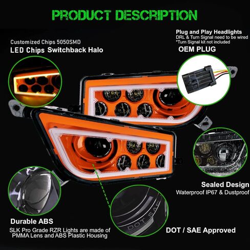 SLK-Lights PREMIUM RED Razor RZR LED Headlight Halo Turn Signal Kit Street Legal (يناسب: 2015-2021) (أحمر مزدوج اللون SwitchBack Halo أبيض / كهرمان) in Kuwait