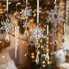 LOKIPA 20PCS Crystal Christmas Tree Ornaments, Hanging Acrylic Xmas Snowflake Icicle Drop Crystal Ornaments with Hooks for Christmas Tree Winter New Year Party and Home Decor