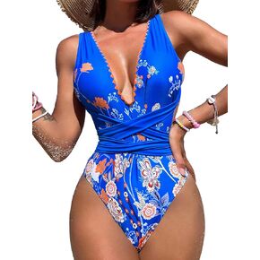 Floerns Women's One Piece Swimsuit Floral Print Lace Up Backless Plunging