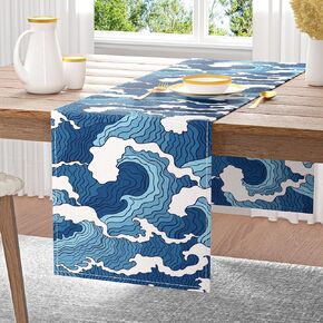 Table Runner, 13 x 71 Inch Cotton Linen Long Table Runners, Dining Table Decor for Home Party Table Decor Supplies, Cute Dining Table Runner Fall Farmhouse Modern Home Decor, Blue Sea Wave