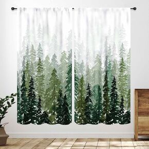 Forest Curtains,Watercolor Green Forest Pine Trees Natural Landscape Printed Drapes Treatments for Bedrooms Living Rooms Kitchens Cafe 2 Panel,42X45 Inch