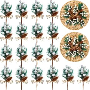 24 Pieces Christmas White Beries Stems Pine Branches White Holly Spray Berry Pine Branch White Berry Stems Pine Stems Winter Pine Cones for Xmas Tree Wreath Garland Crafts Wrapping DIY Ornaments