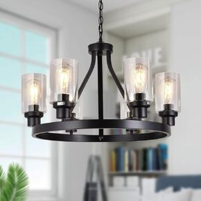 8-Light Black Dining Room Light Fixtures Farmhouse Wagon Wheel Chandelier Kitchen Island Pendant Lights Modern Industrial Rustic Adjustable Height Metal E26