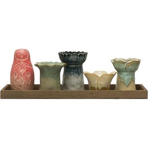 Creative Co-Op Eclectic Stoneware Votive Holders on Tray, Set of 6 Pieces, Multicolor Vase Set, Multi