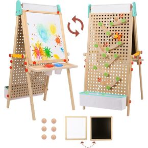 Kids Easel Wooden Marble Run for Kids, 4-in-1 Toddler Art Easel for Kids 3+ Painting Station Stand Drawing, Double-sided 6 Heights Black Chalkboard Magnetic Whiteboard Paper Roll Holder
