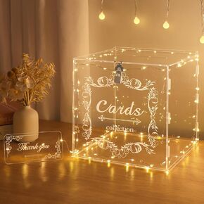 DIWNELEM Acrylic Wedding Card Box with Lock String Light Frosted Large Card Box for Wedding Letter Box Envelope Box Acrylic Gift Card Box Money Box for Party Birthday Reception