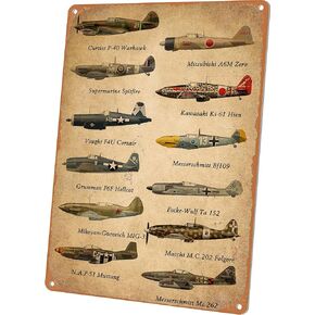 Wallors Vintage Aviation Airplane Decor WW2 Fighter Planes Metal Tin Sign Boys Room Wall Art Decor Military Fan Gifts Man Cave Garage Army Poster 8X12 Inches