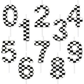 10Pcs Racing Car Theme Birthday Candles Number 0-9 Shaped Wax Candles Checker Decorative Cake Topper for Home Party Supplies
