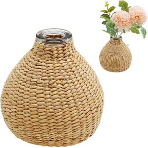 Flower Vases with Rattan Cover, Woven Vase Decorative Glass Flower Vase Bud Container Farmhouse Vase Used for Flower Arrangements, Essential Oil Aromatherapy, Home Decoration, Restaurant Decoration