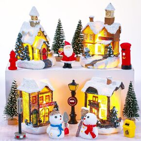 16 Pieces Christmas Village Sets Battery Operated Christmas Village Houses Xmas Village House Set Decor Xmas Town Scene Desktop Ornament Christmas Figurines Accessories Resin Buildings Landscape Decor