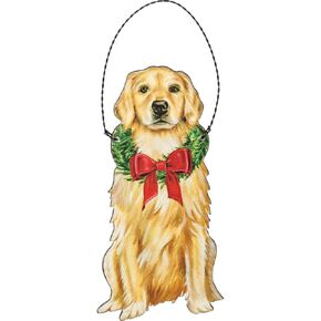 Primitives by Kathy Ornament -Wood, Paper, Wire, Christmas Golden Retriever