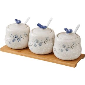 Set of 3 Decorative Ceramic Condiment Jars, 13.5oz Porcelain Spice Containers Seasoning Pots Sugar Bowls with Ceramic Serving Spoons, Lids and Wooden Tray for Home Kitchen Counter