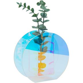 Iridescent Acrylic Vase for Artificial Flower Fake Eucalyptus Plant Leaves Office Home Decor Contemporary Tabletop Minimalist Geometric Mini Decoration Make Up Brushes Organizer Holder（RainbowShort）