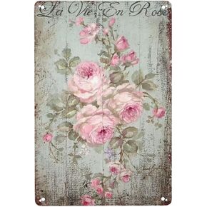 Shabby Chic Romantic Rose Print Vintage Flower Metal Tin Signs Vintage Wall Decor Rustic Country Farmhouse Bathroom Metal Signs Chic Wall Decor For Home Bathroom Bedroom Wall Decor 8x12inch
