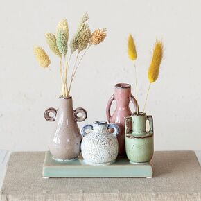 Creative Co-Op 4 Stoneware Mounted Vases on a Base with Reactive Glaze, Multicolor