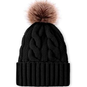 Womens Winter Beanie Hat - Winter Soft Hat for Women Pompom Warm Knit Hats with Cozy Faux Fur Lined
