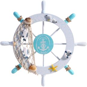 Tvoip 1Pcs 11" Diameter Nautical Beach Wooden Boat Ship Steering Wheel Fishing Net Shell Home Wall Decor Home Decoration Wall Hangings Accessories (White)