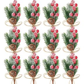 12 Piece Christmas Pinecone Holly Berry Picks, Artificial Holly Red Berry Pine Cone Picks Cedar Floral Decorations with Bendable Stems for Crafts Xmas Tree Ornaments