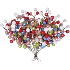 24Pcs Christmas Tree Picks 9In Artificial Berries Stems Branches Glitter Berries Picks for Christmas Tree Wreath Gifts Craft Decorations