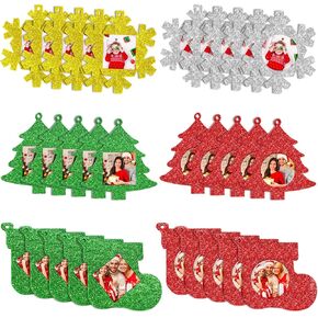 Jetec 30 Pcs Christmas Photo Ornament Frame Xmas Picture Frame Ornament Mini Felt Glitter Hanging Photo Frame Small Holiday Family Picture Frame (Red, Green, White, Stocking Snowflake Tree)