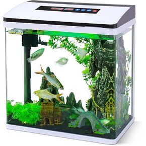 2 Gallon Glass Aquarium Fish Tank Starter Kit with Temperature for Betta Fish Featuring Crystal Clear 360° Viewing, Eco-Cycle Filtration, Air Pump