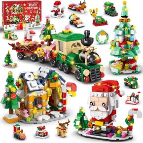 Advent Calendar 2024 Kids Christmas Building Blocks, 24 Days Holiday Building Bricks Toys Set with LED Lights Santa Tree Train House Xmas Party Favors Countdown Calendar Toys for Boys Girls Adults Goodie Bags Fillers