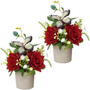 2 Pack Small Artificial Plants in Pots Rose Decor Fake Flowers in Pot Decorative Plants for Home Bathroom Shelf Party Wedding Office Table Decor(Red)