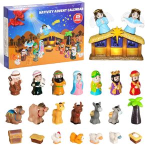 Nativity Advent Calendar 2024 with Lights, 25 Days Christmas Countdown Christian Advent Calendar Religious Kids Nativity Set, Small Nativity Scene Play Set Toy for Toddler Children Kids