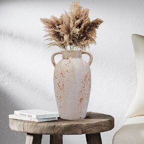 Terracotta Rustic Ceramic Vase with 2 Handles, Washed Terra Cottar Decorative Pottery Flower Vase for Home Decor, Table, Living Room Decoration, Shelf Decor, Mantel, 9.5 Inch Vase