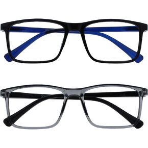 OPULIZE Ink Reading Glasses 2 Pack Large Rectangular Frame Black Transparent Grey Spring Hinges Scratch Resistant Mens Womens RR4-17 +2.50