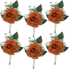 Rinlong 6Pcs Burnt Orange Boutonniere for Men Fall Wedding Groom Rusitc Terracotta Groomsmen Boutonnieres