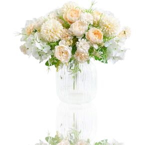 Artificial Flowers, 6 Packs White Fake Peony Silk Hydrangea Bouquet Decor Plastic Carnations Daisy Realistic Flower Home Office Party Decor Arrangements Wedding Decoration Table Centerpieces