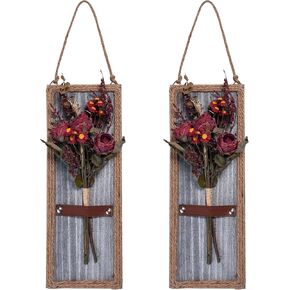Wood Wall Decor & Red Artificial Flowers Set of 2, Grey Wall Art Decor with Fake Flower Bouquet, Rustic Wall Art Home Farmhouse Wall Decor for Living Room, Dining Room, Bedroom, Bathroom