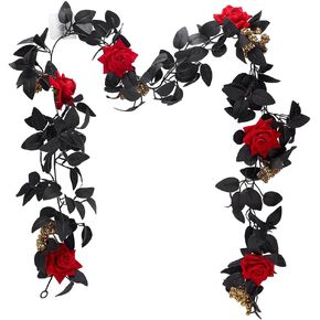 PH PandaHall 5.7ft Artificial Black Rose Vine, Red Flower Vine Garland Floral Wall Hanging Ornaments Garland with Golden Berries Black Leaves for Table Centerpiece Room Mirror Halloween Decor