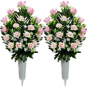XONOR Artificial Cemetery Flowers, Memorial Flowers Grave Decorations, Artificial Rose Magnolia Flowers Bouquet with Cemetery Vase for Outdoor Graveyard Decor, 2 Sets