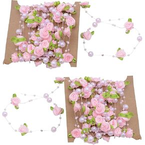YYaaloa Pink Rose Pearl Leaf String Beads Garland 32 Feet (10m) for Wedding Party Home Crafts Decoration DIY Accessory Gift Wrapping (Pink 32feet)