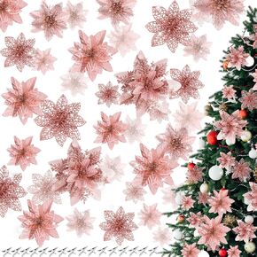 Zeyune 30 Pcs Christmas Flowers Glitter Poinsettia Flower, 3, 4, 6 Inch Artificial Flowers for Decoration with Clips for Christmas Tree Holiday Outdoor Seasonal Party Wedding Decoration