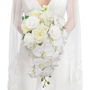 Rinlong White Orchid Cascading Wedding Bouquets for Bride Cascade Bridal Bouquet for Wedding Artificial Flowers Real Touch Silk Bouquet Wedding Ceremony
