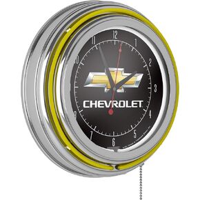Trademark Global Neon Clock - Retro Chevrolet Logo Analog Wall Clock with Pull Chain - for Kitchen, Garage, Game Room, or Home Bar