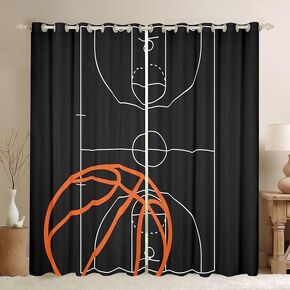 Castle Fairy Basketball Court Print Curtains,Ball Sports Games Themed Window Curtains for Boys Girls Teens,Orange Basketball and Hoop Window Treatment Modern Art Home Decor 38Wx54L, 2 Panels