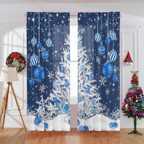 Christmas Sheer Curtains for Living Room 2 Panels, Xmas Balls Pine Tree Snowflake Navy Blue Voile Window Curtains Drapes Light Filtering & Privacy Winter Holiday Window Treatment W52 x L84, Set of 2