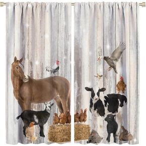 Farm Curtains,Cute Farm Animals Cow Horse Rustic Wooden Background Room Darkening Door Window Rod Pocket Curtain for Living Room Bedroom Kitchen Bathroom W42xL45in