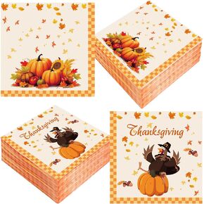 Thanksgiving Napkins, 50 Pcs Thanksgiving Paper Napkins, Thanksgiving Cocktail Napkins, Disposable Pumpkin Turkey Decorative Dinner Napkins for Autumn Fall Thanksgiving Party Supplies, 6.5 x 6.5 Inch