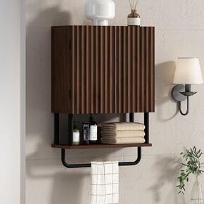 RUSTOWN Fluted Bathroom Wall Cabinet with 2 Doors, 3-Tier Modern Farmhouse Medicine Cabinet, Over The Toilet Storage Cabinet with Adjustable Shelf and Towel Bar(Dark Walnut, Small)
