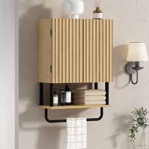 RUSTOWN Fluted Bathroom Wall Cabinet with 2 Doors, 3-Tier Modern Farmhouse Medicine Cabinet, Over The Toilet Storage Cabinet with Adjustable Shelf and Towel Bar(Dark Walnut, Small)