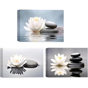 CCWACPP Zen Canvas Wall Art 3 Piece White Lotus and Black Zen Stones Picture Prints for Yoga Spa Meditation Spiritual Room Bathroom Decor Frame (12x16inchx3P) in Saudi Arabia